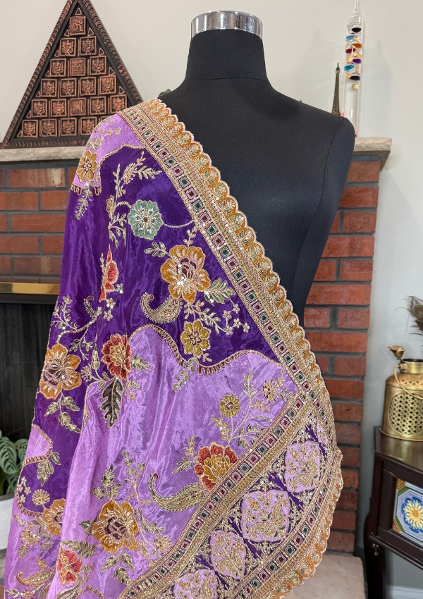 Purple Floral Embroidered Organza